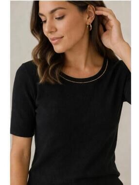 White House Black Market Black Knit Top Gold Trim Short Sleeve Women’s Small